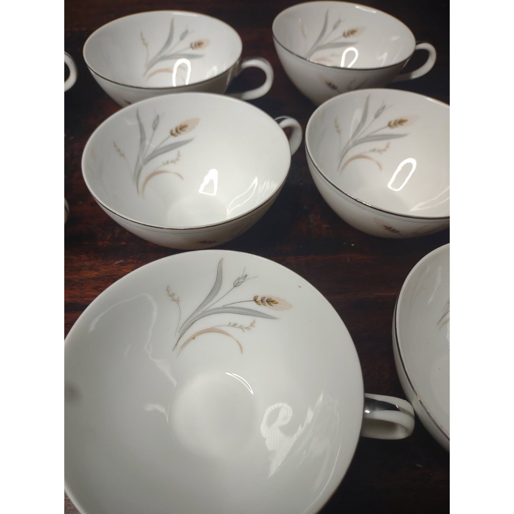 Elegant Style House "Simplicity" Fine China Flat Teacups Set of 11 Gold Wheat